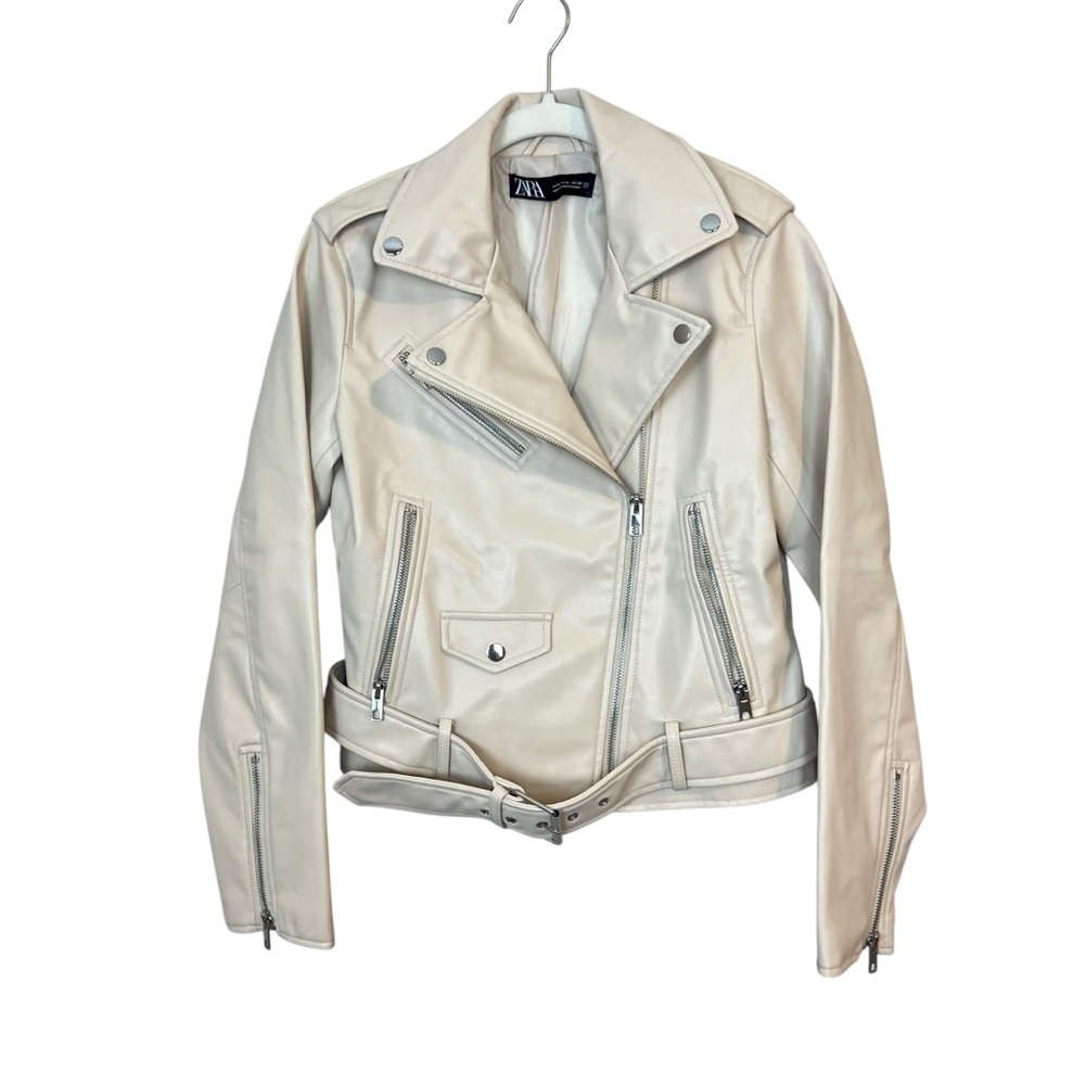 Zara Faux Leather Biker Jacket Beige sz M